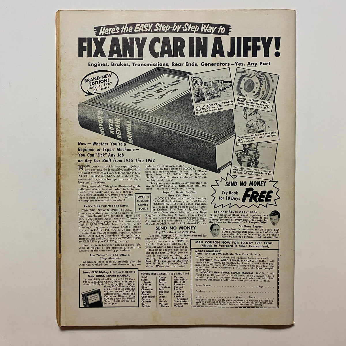 Advertisement page from Speed Mechanics Magazine August 1962 promoting a step-by-step auto repair manual.