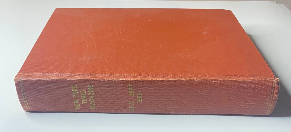 Spine view of The New York Times Library Edition Bound Magazine 1965 July - September featuring the title embossed in gold, showcasing its collectible quality.