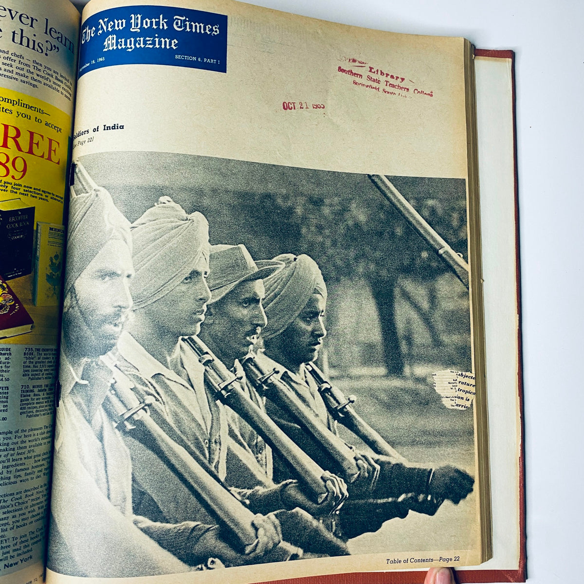 An interior page of The New York Times Library Edition Bound Magazine showing soldiers of India, dated October 1965.