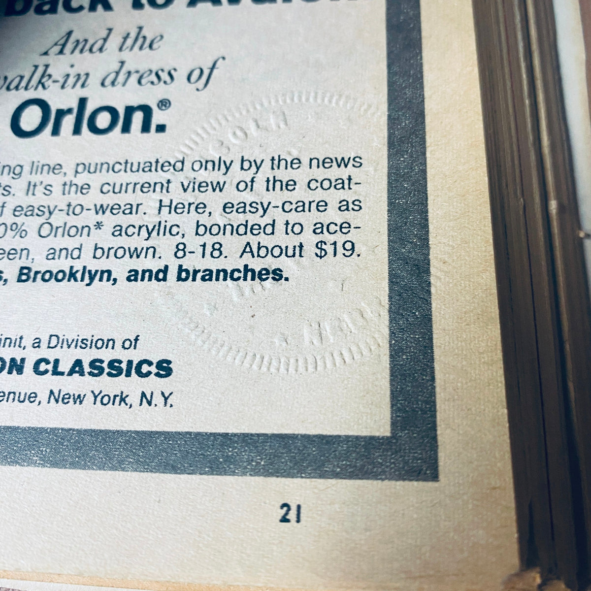 Detail from The New York Times Library Edition Bound Magazine 1968 July - August, showcasing a vintage advertisement featuring a stylish dress made of Orlon acrylic.