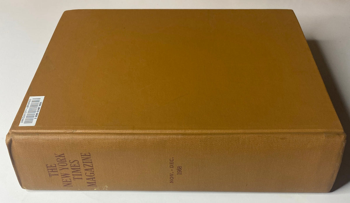 Side view of The New York Times Library Bound Magazine 1968 November - December, highlighting its binding and library label.