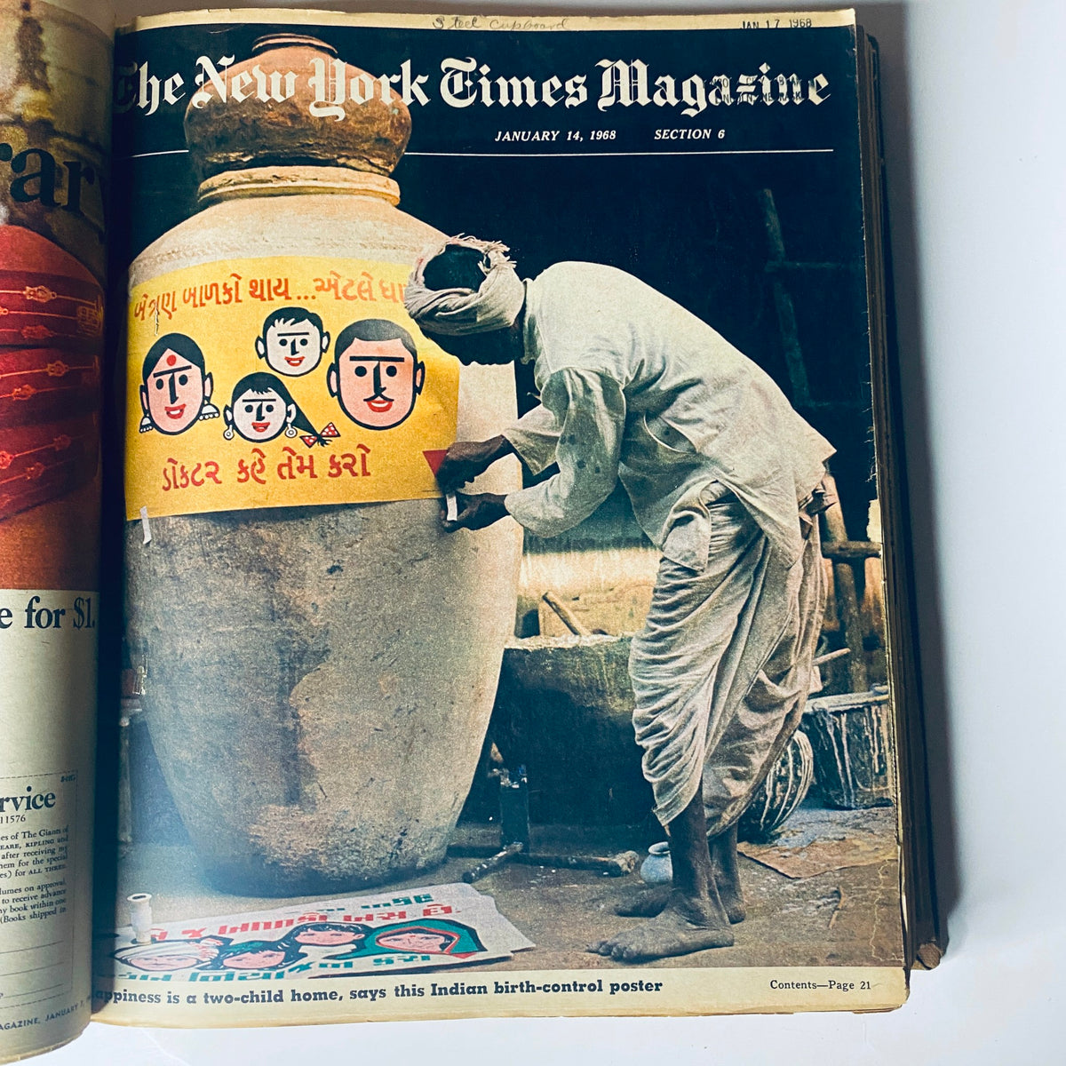 Cover of The New York Times Magazine January 14, 1968, featuring a man applying a colorful birth-control poster to a large clay pot, symbolizing cultural perspectives on family planning.