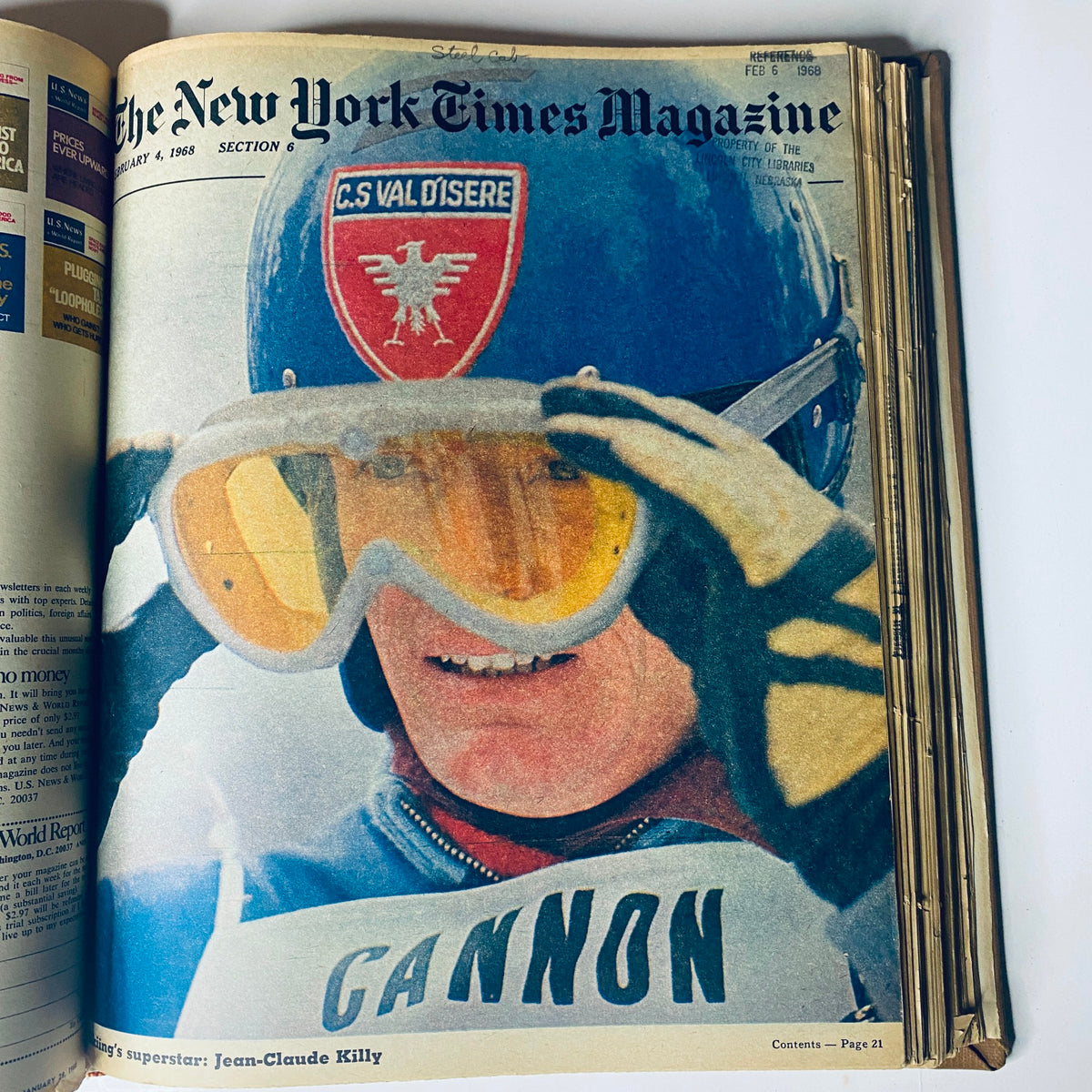 Cover of The New York Times Magazine February 4, 1968, illustrating a ski racer preparing for the race wearing goggles and a blue helmet, reflecting the excitement of winter sports.