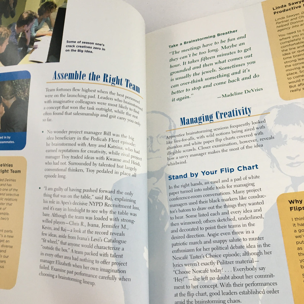 An interior page from '2006 Lessons From The Apprentice: Secrets to Success' discussing team assembly and creativity management.