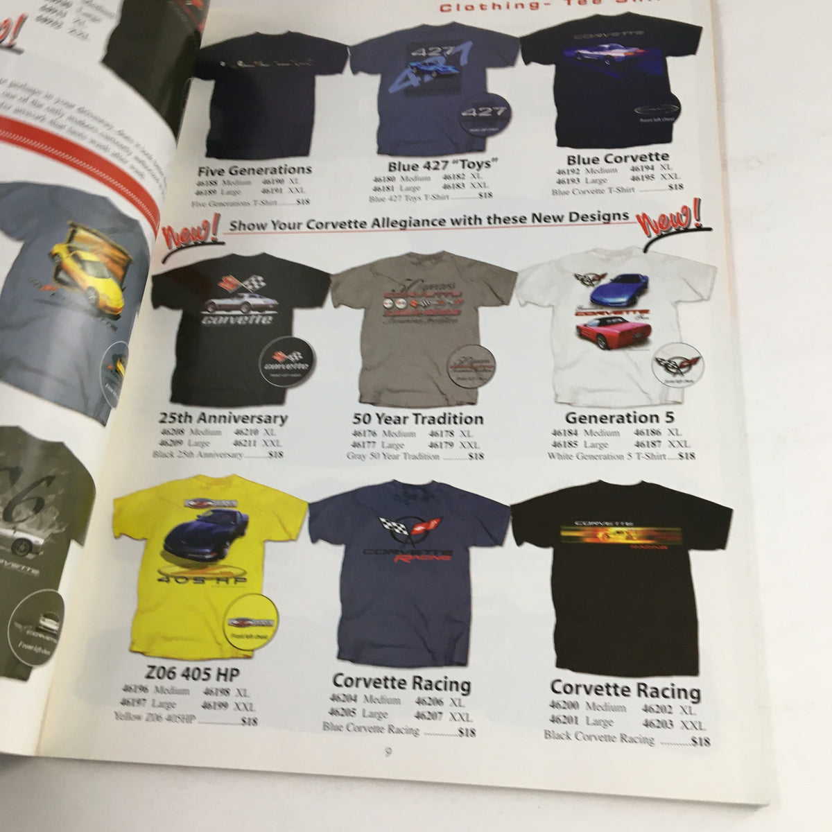 Another interior page of the Corvette 1953-2005 Leather Jackets, Dash Cover, Accessories Catalog displaying various Corvette-themed t-shirts and merchandise.