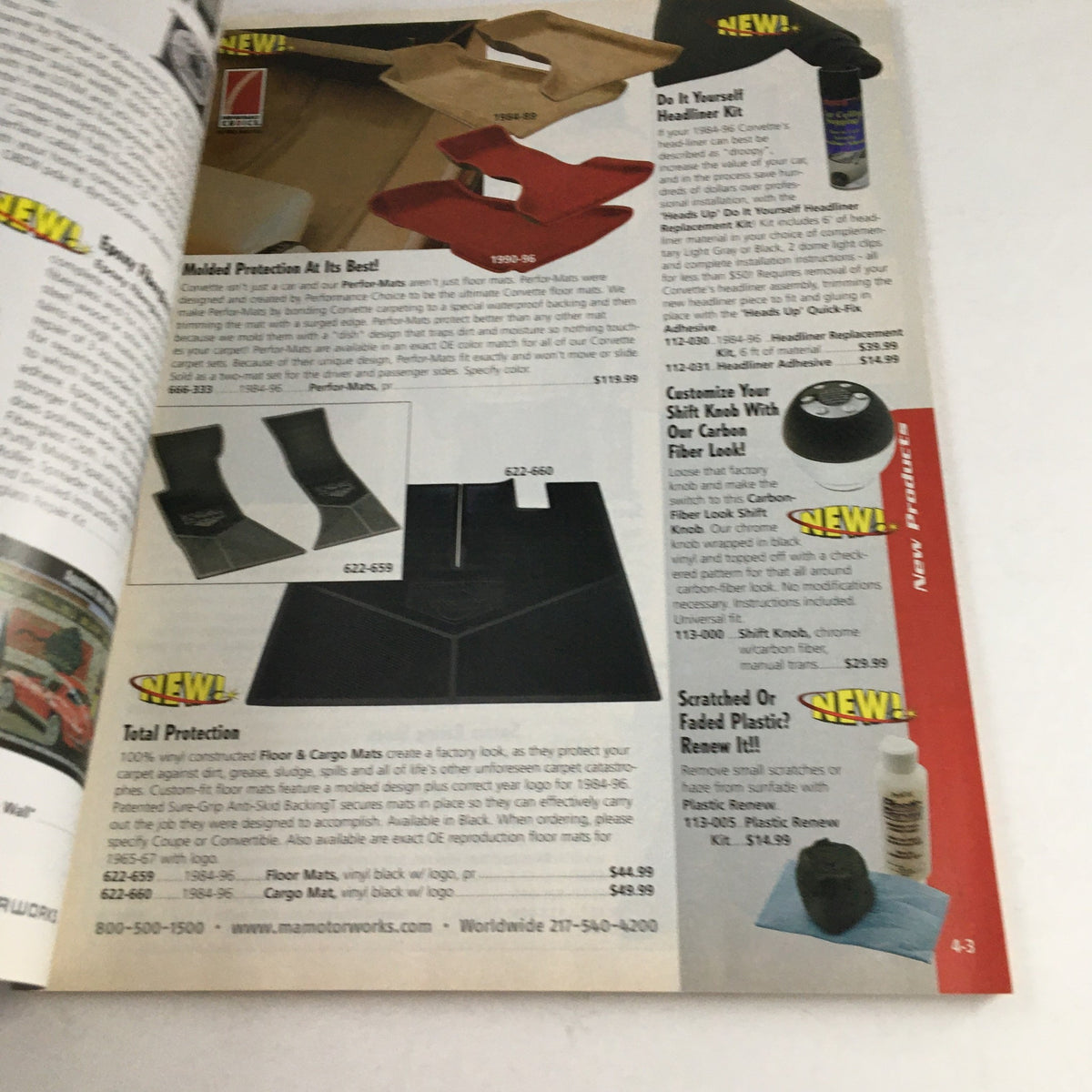 Interior page of the Mid America Motorworks Corvette 1993 Parts & Accessories Catalog showcasing floor mats and car accessories.