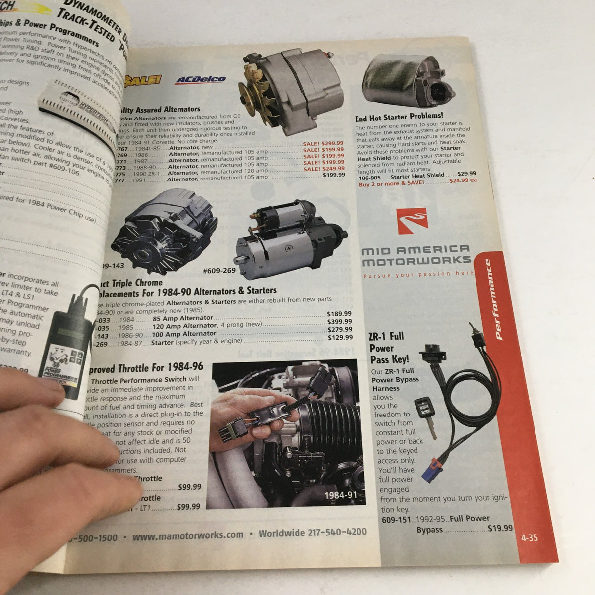 Interior page of the Mid America Motorworks Corvette 1993 Parts & Accessories Catalog displaying alternators and performance parts.