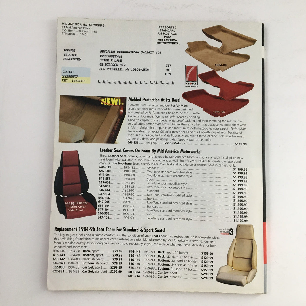 Mid America Motorworks Corvette 1993 Parts & Accessories Catalog back cover displaying seat covers and replacement foam for 1984-96 Corvettes.