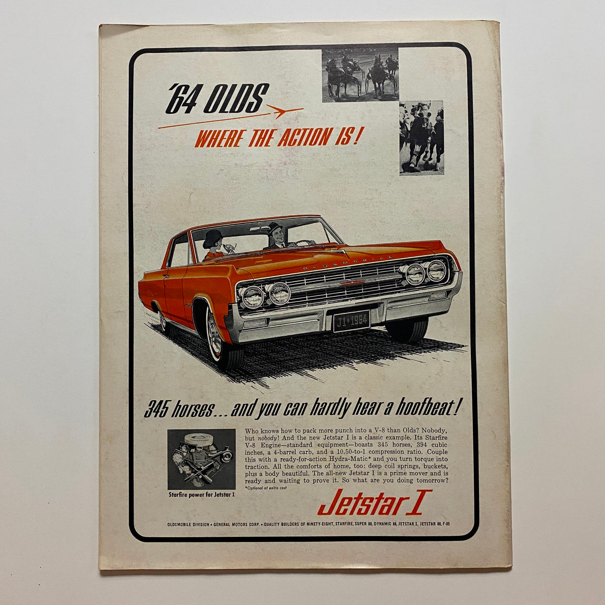 U.S. Auto-Sports The Racing Fan Magazine March 1964 - Advertisement for the 1964 Oldsmobile Jetstar I showcasing its features and horsepower.