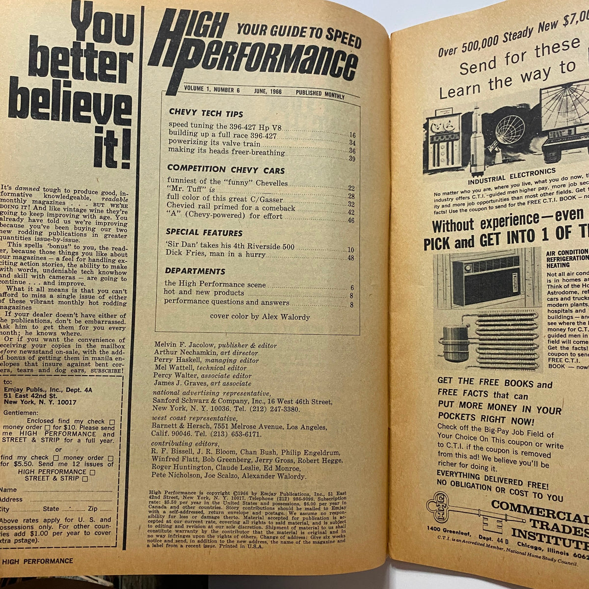 Inside page of VTG High Performance Magazine June 1966 showcasing article titles and features on Chevy cars, including tech tips and humorous anecdotes.