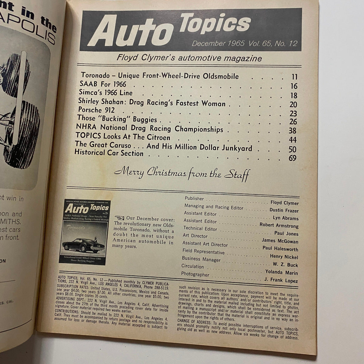 Inside page of VTG Auto Topics Magazine December 1965 with the table of contents, highlighting articles on the New Oldsmobile Toronado and other automotive topics.