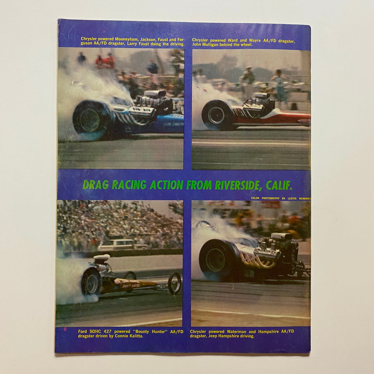 Back cover of VTG Auto Topics Magazine September 1965 displaying drag racing action from Riverside, California, featuring Chrysler and Ford dragsters.