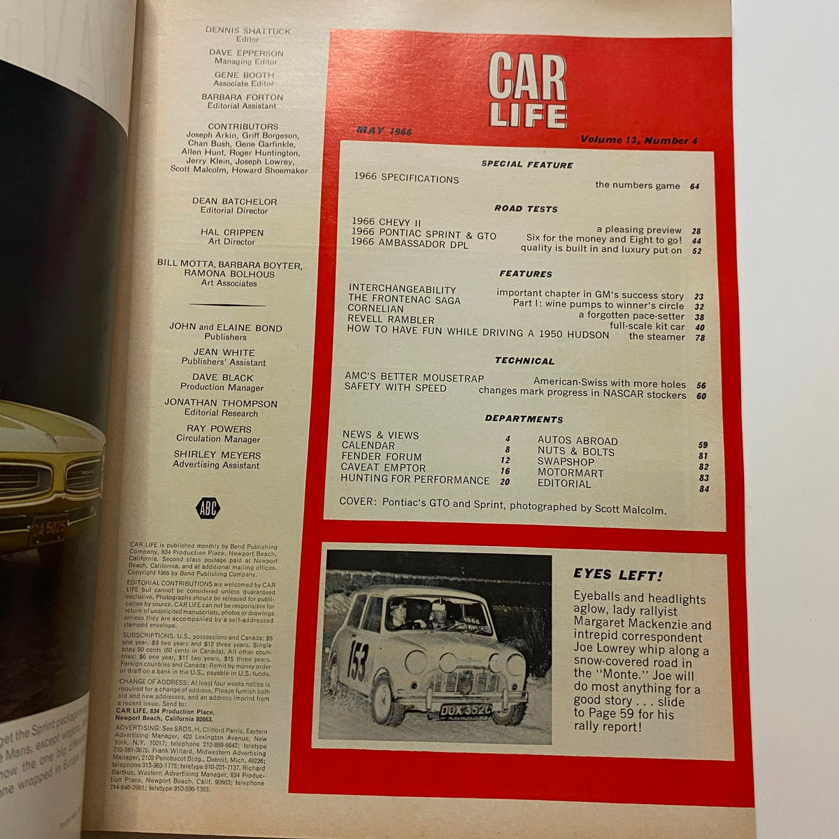 Table of contents page from VTG Car Life Magazine May 1966 Vol 13 No. 4 outlining features and specifications of 1966 U.S. cars.