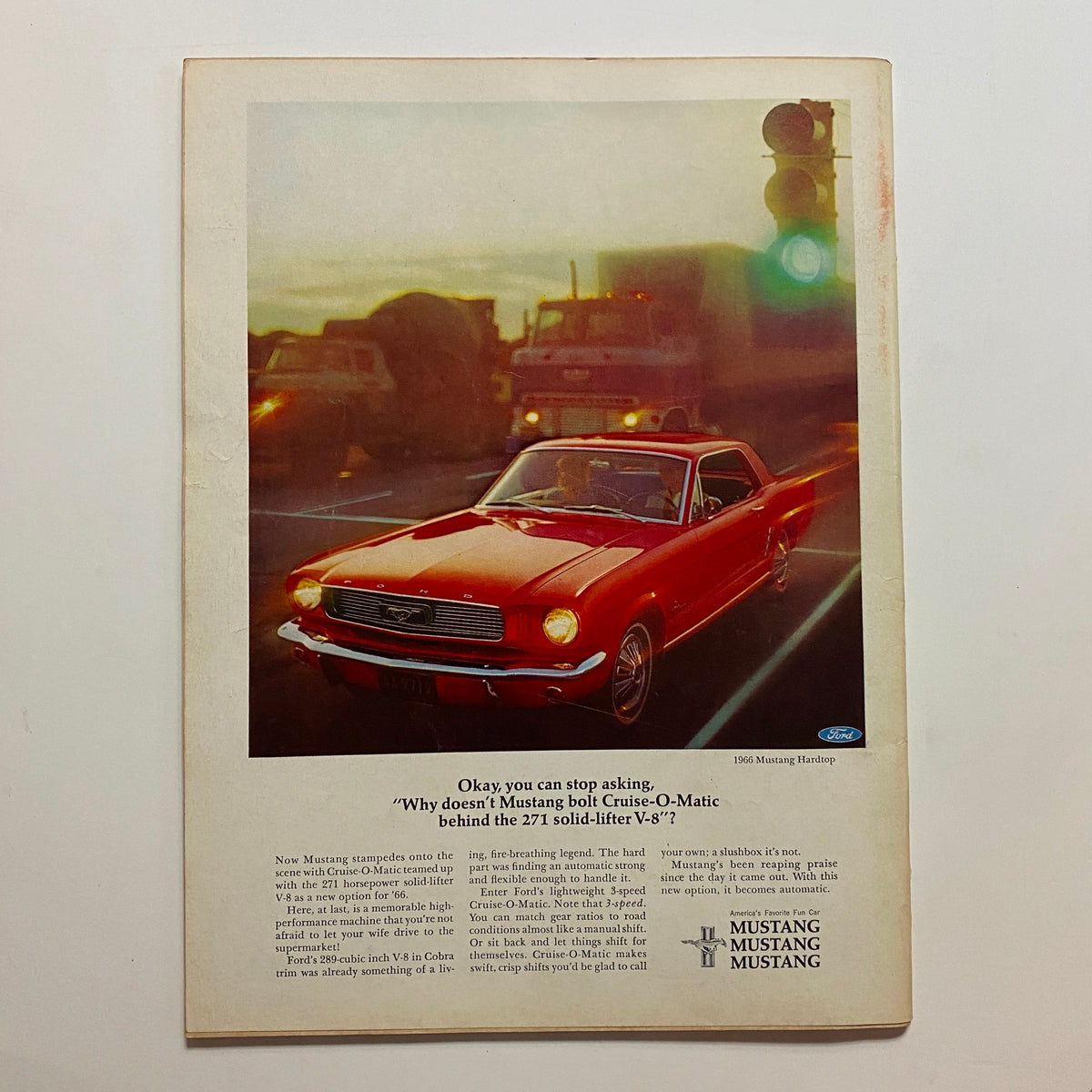 Back cover of VTG Car Life Magazine January 1966 featuring a red 1966 Mustang Hardtop with advertising text on performance and features.