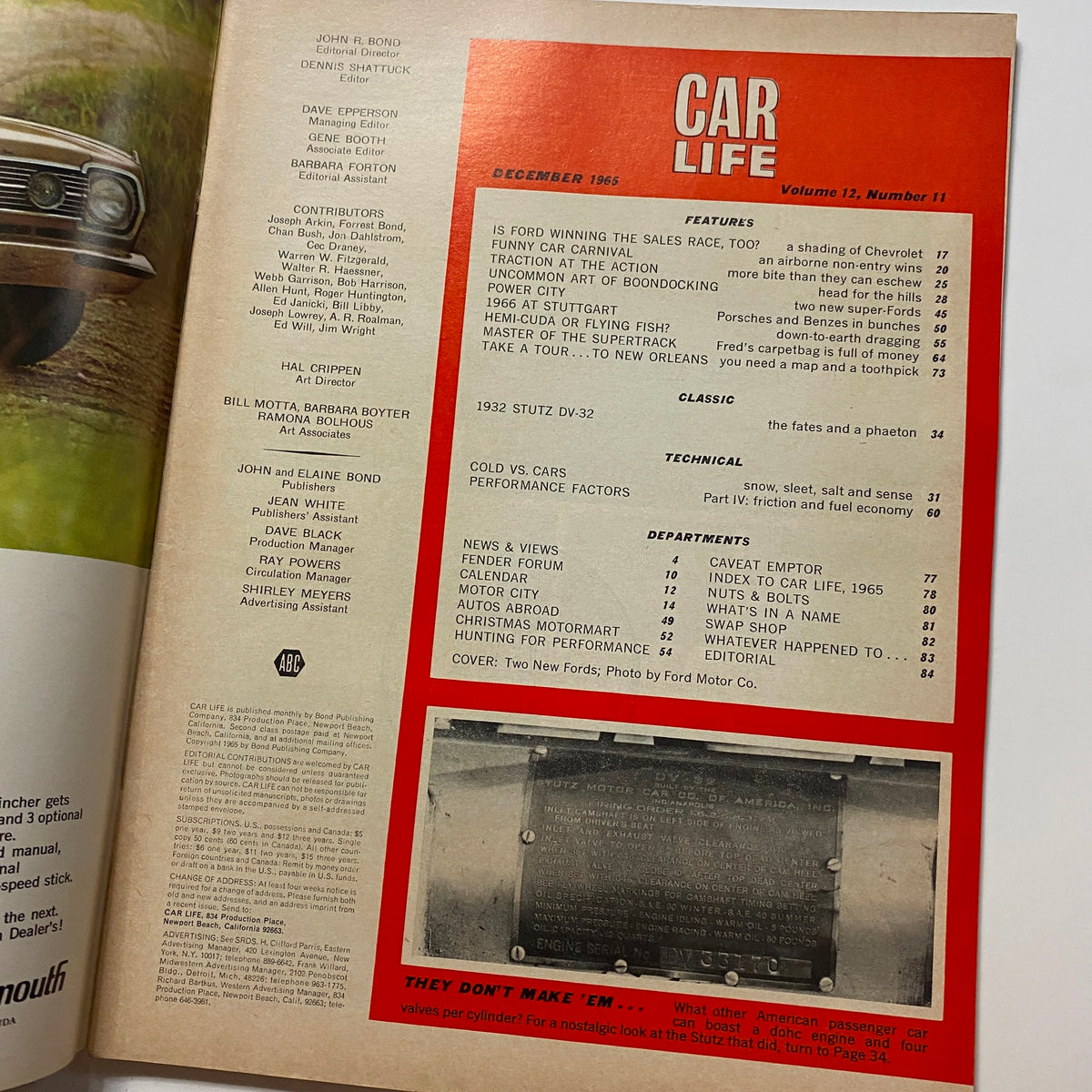 Interior page of VTG Car Life Magazine December 1965, listing features and contributors, focused on classic Ford models.