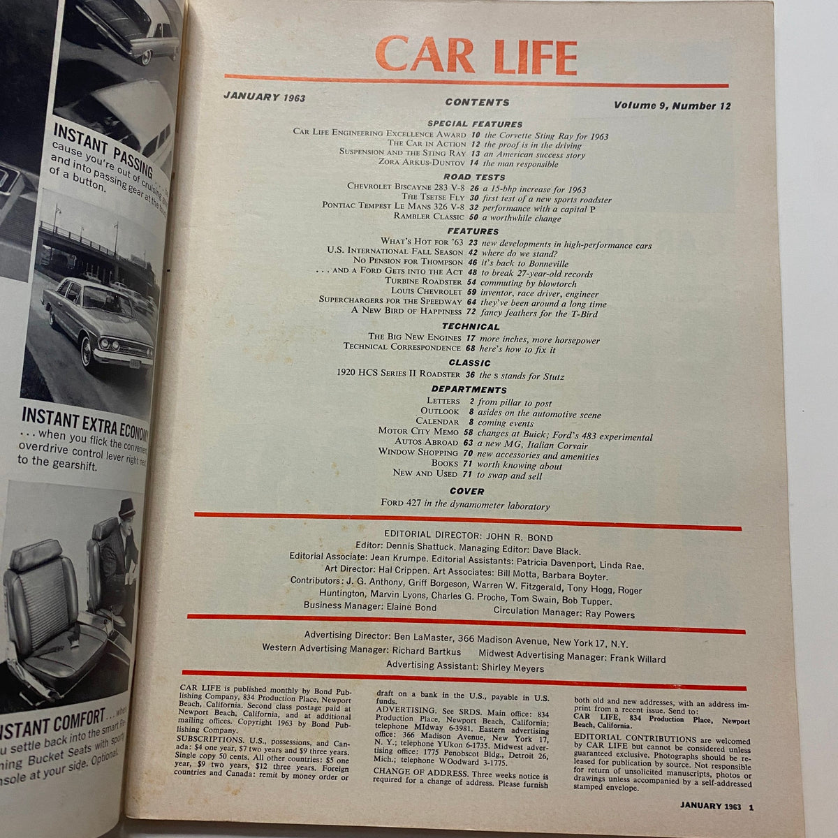 VTG Car Life Magazine January 1963, Contents page highlighting road tests and features including Chevrolet and Pontiac models.
