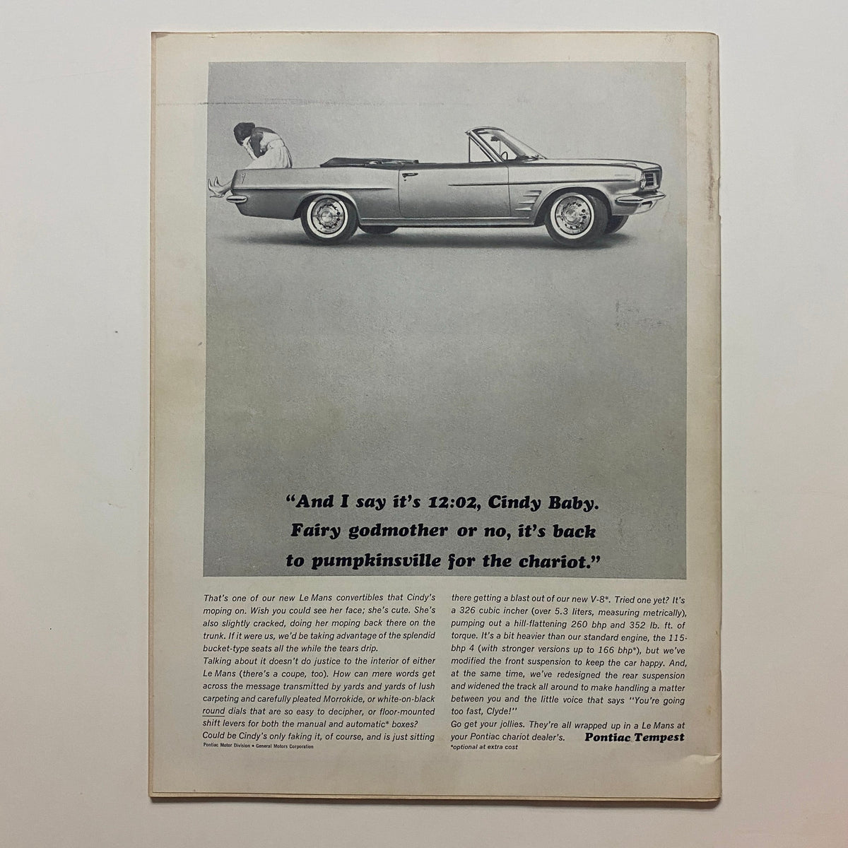 VTG Car Life Magazine January 1963, Ad featuring a Pontiac Tempest convertible, showcasing vintage automotive advertising style.