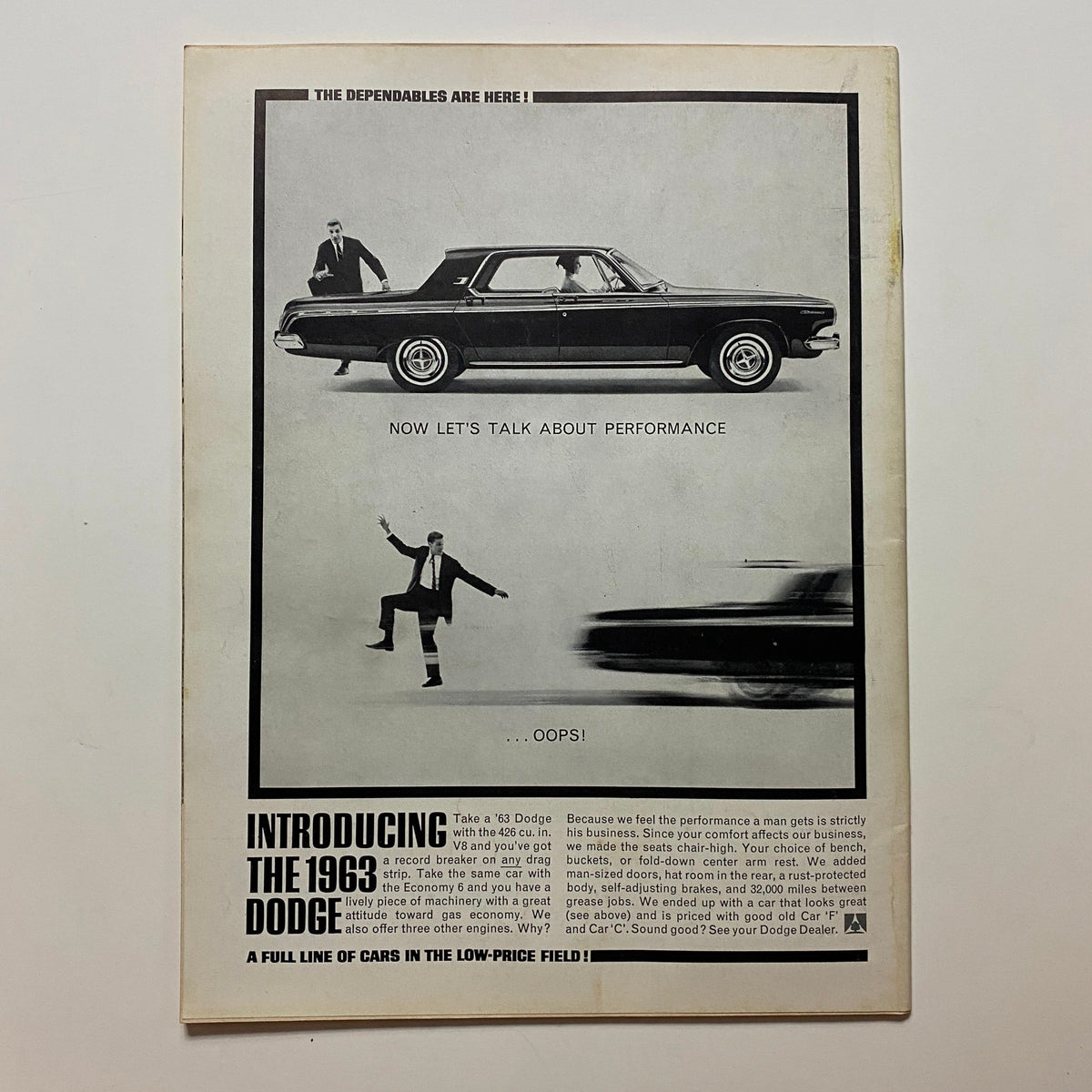 Vintage advertisement for the 1963 Dodge car with images of the vehicle and a stylish man, featured in the VTG Car Life Magazine November 1962 Pontiac Grand Prix issue.