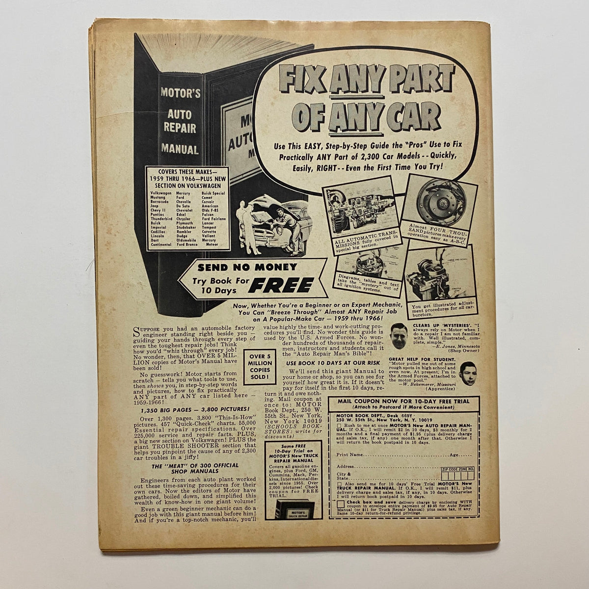 Back cover of Super Stockers in Action Magazine January 1967 advertising auto repair manuals and services related to vehicle maintenance.