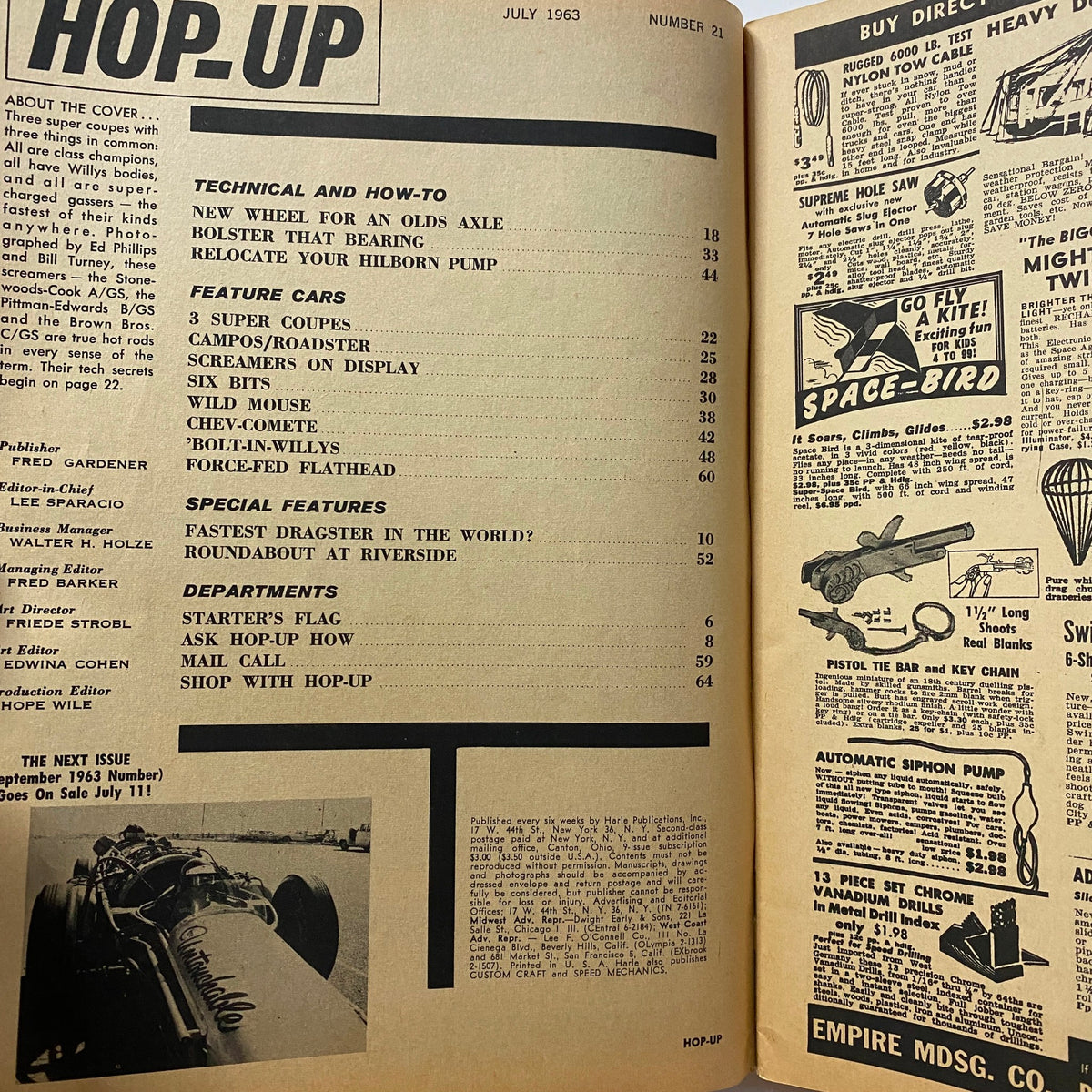 Inside page of the VTG Hop Up Magazine July 1963, highlighting articles and features including technical insights on cars and racing.