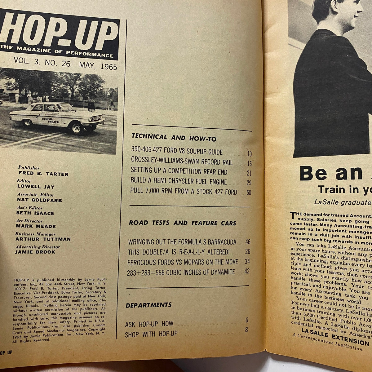 Inside page of VTG Hop Up Magazine May 1965 displaying the contents and technical articles, including topics like building a Hemi Chrysler Fuel engine.