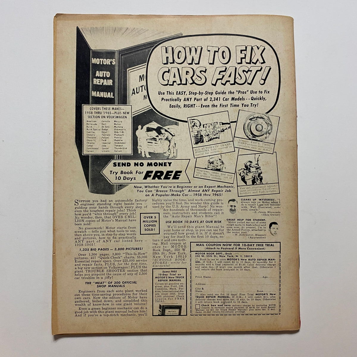 Back cover of VTG Hop Up Magazine May 1965 featuring an advertisement for a car repair manual, emphasizing easy and fast car repair techniques.
