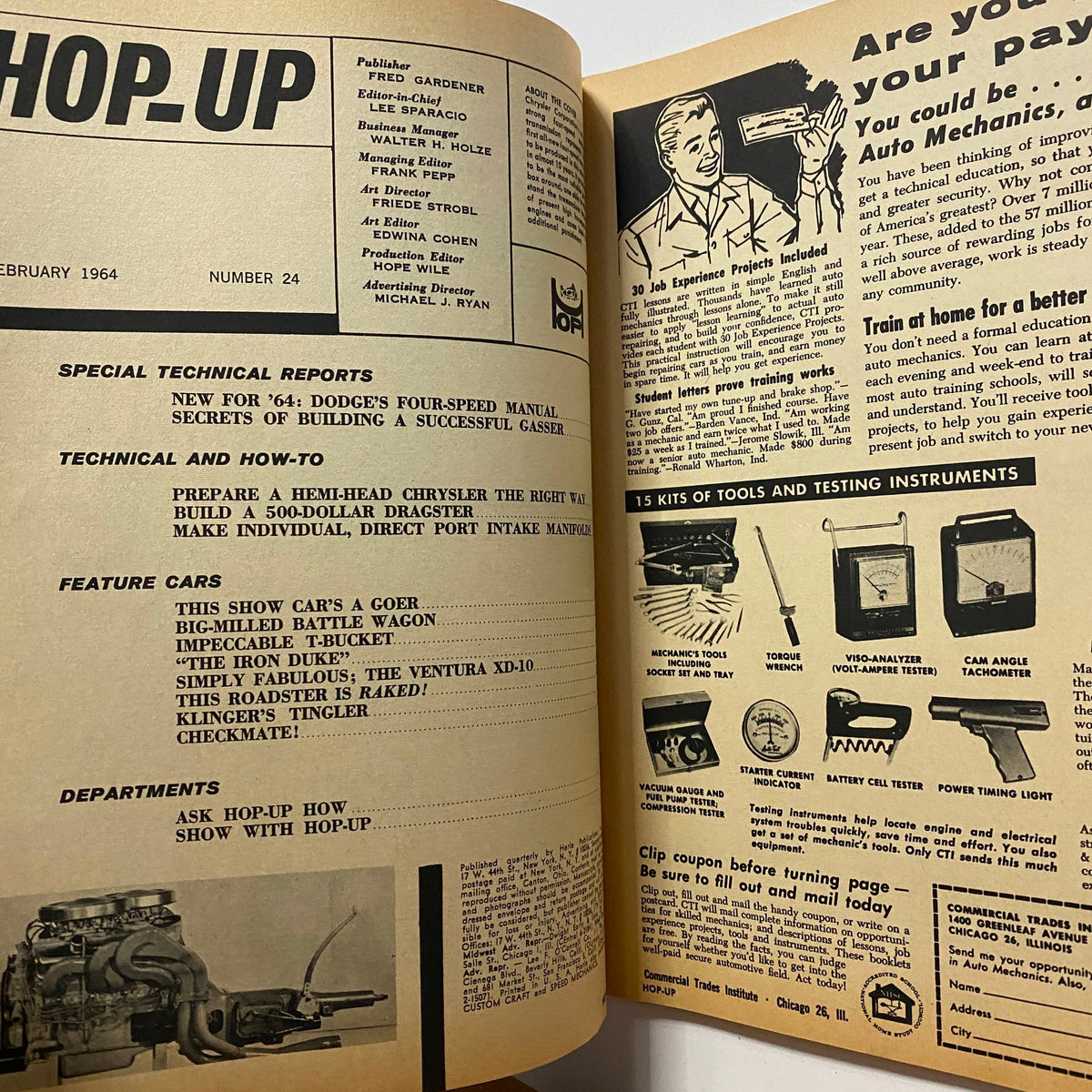 Inside view of VTG Hop Up Magazine February 1964 featuring articles and features including the Big-Milled Battle Wagon, showcasing vintage automotive culture.