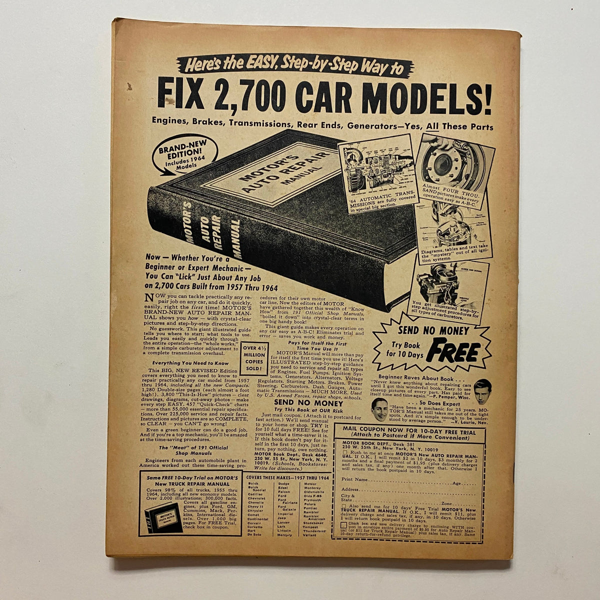 Back cover of VTG Hop Up Magazine January 1965 displaying an advertisement for an automotive repair manual with various car models and repair information