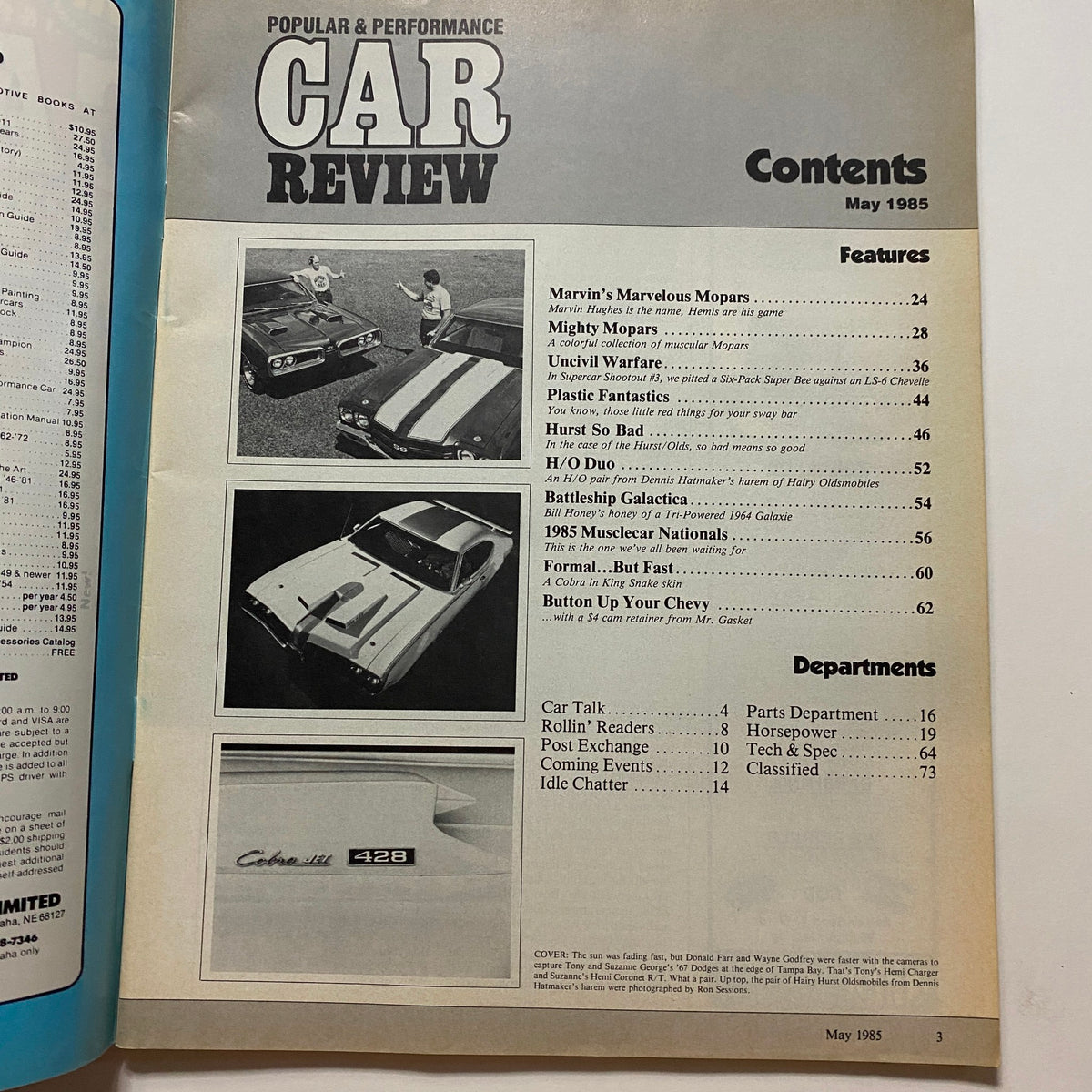 Contents page of the VTG Car Review Magazine May 1985 displaying article titles and page numbers including topics on Mighty Mopars and Plastic Fantastics.