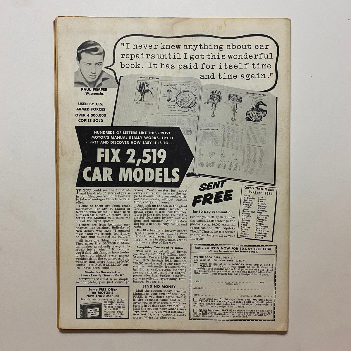 Back cover of VTG Custom Craft Magazine July 1963 No. 24, advertising a car repair manual and featuring a testimonial from a satisfied user.