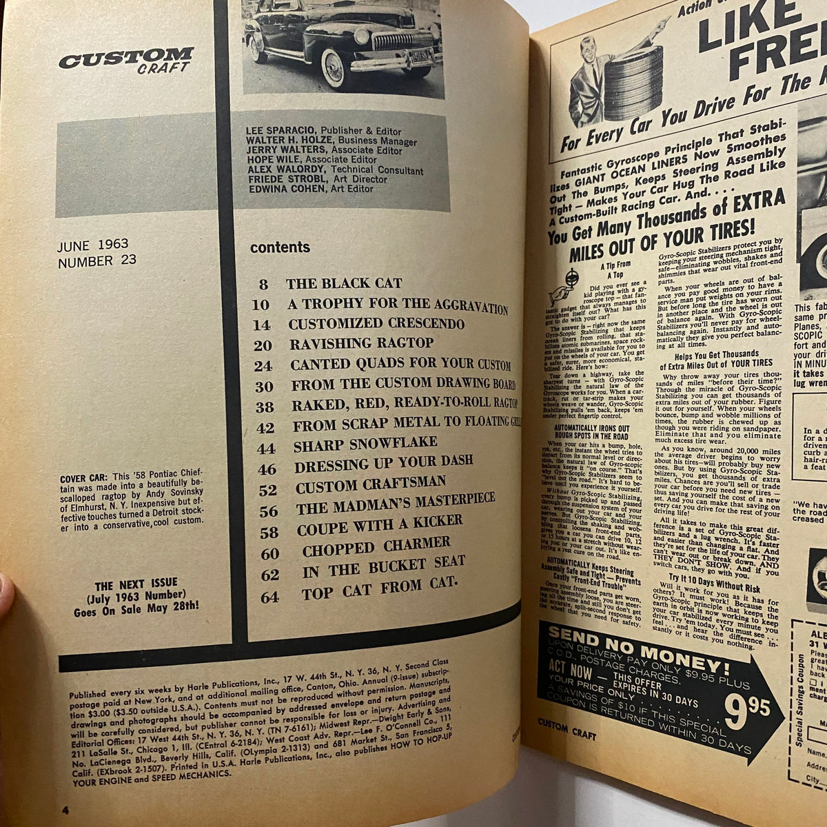 VTG Custom Craft Magazine June 1963 No. 23 featuring contents page with automotive articles, including customized cars and repair tips. Vintage car design showcased in the magazine.