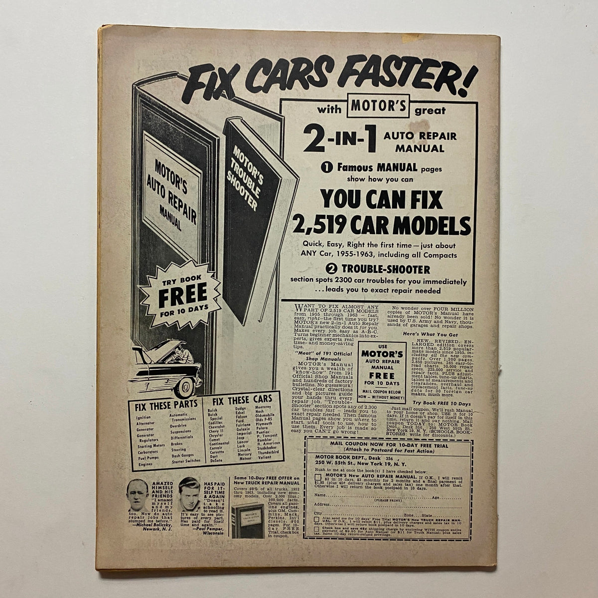 VTG Custom Craft Magazine June 1963 No. 23 back cover highlighting MOTOR'S Auto Repair Manual with information on fixing cars and troubleshooting car troubles.