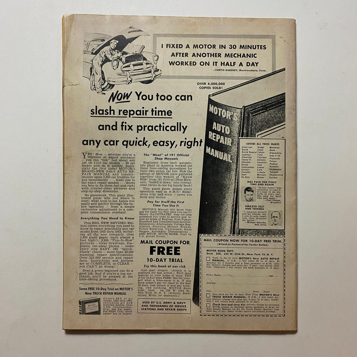 Back cover of VTG Custom Craft Magazine November 1963 No. 26 The Golden Nugget showcasing an advertisement for a car repair manual with retro designs and repair tips.