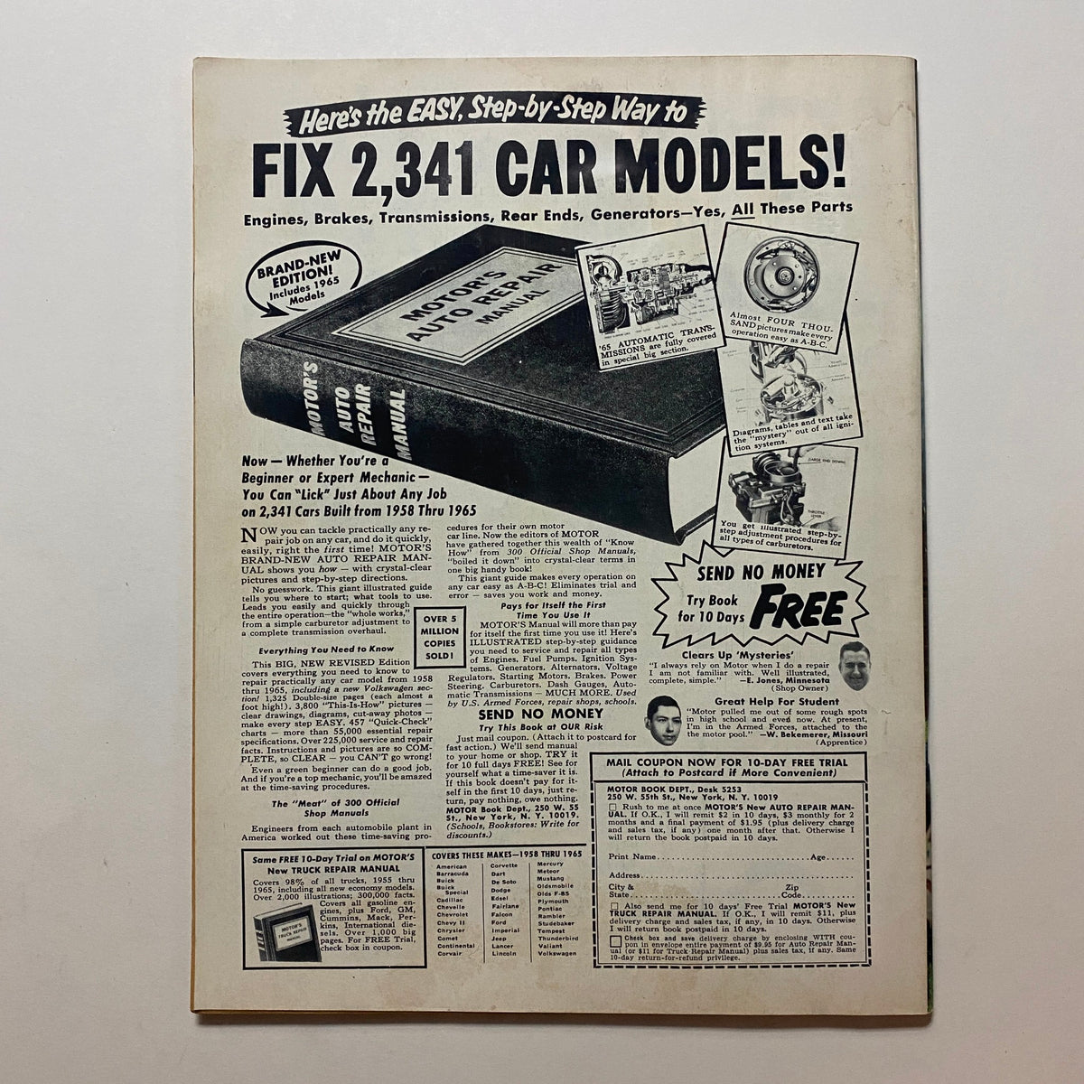 VTG Customs Illustrated Magazine April 1965, featuring an advertisement for the Motor's Auto Repair Manual, showcasing car model repairs and maintenance tips.