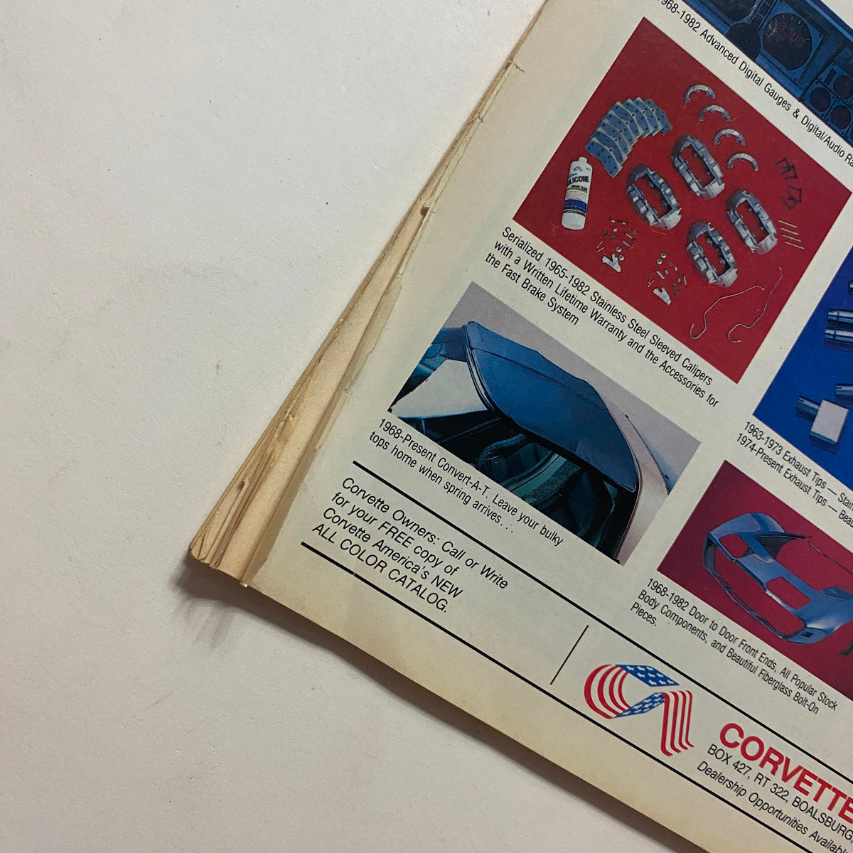 Detail view of the back cover of the October 1985 Popular & Performance Car Review Magazine highlighting Corvette parts and accessories with a call to action for ordering a catalog.