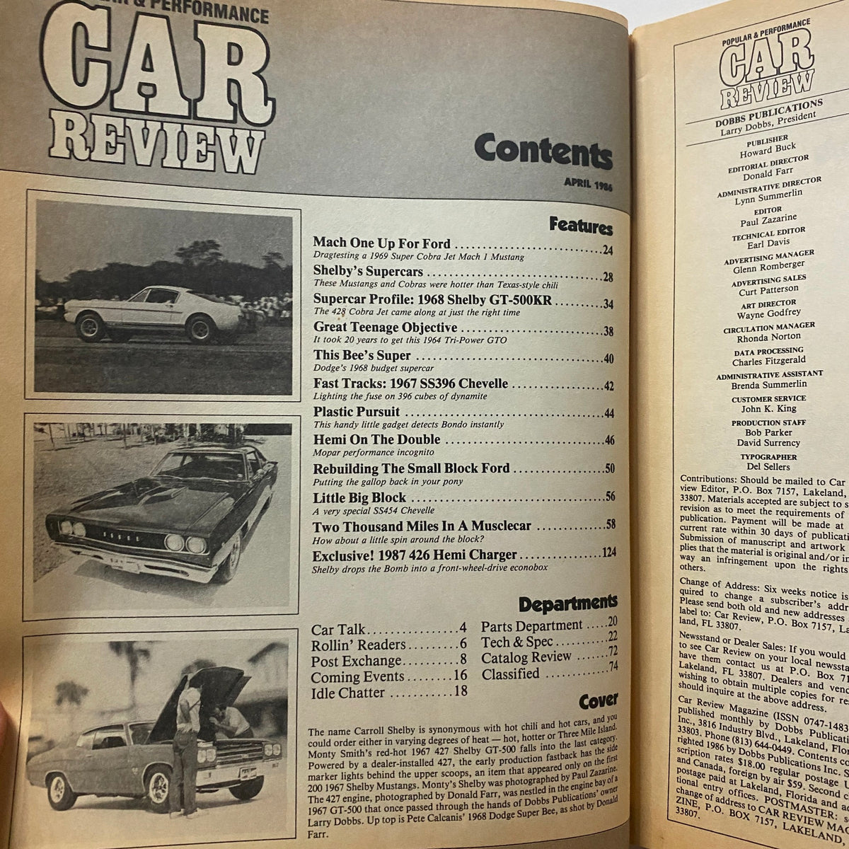Inside view of the Popular & Performance Car Review Magazine, April 1986 showcasing the contents page featuring articles on Shelby's Supercar and classic cars.