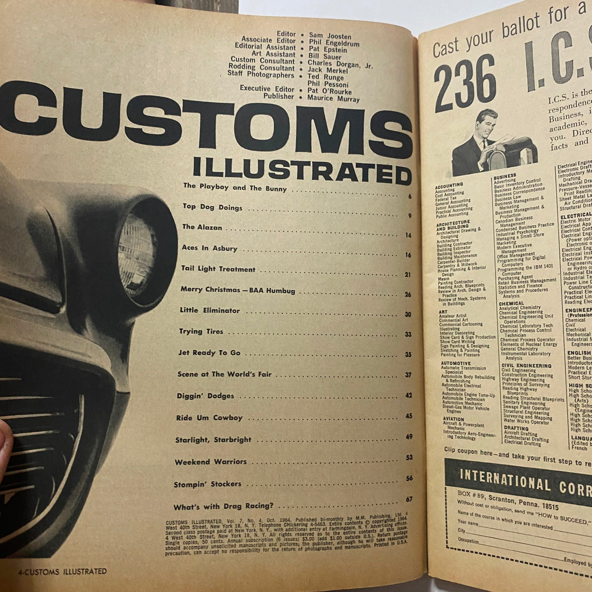 Inside page of VTG Customs Illustrated Magazine October 1964 displaying the table of contents with article titles and editor details.