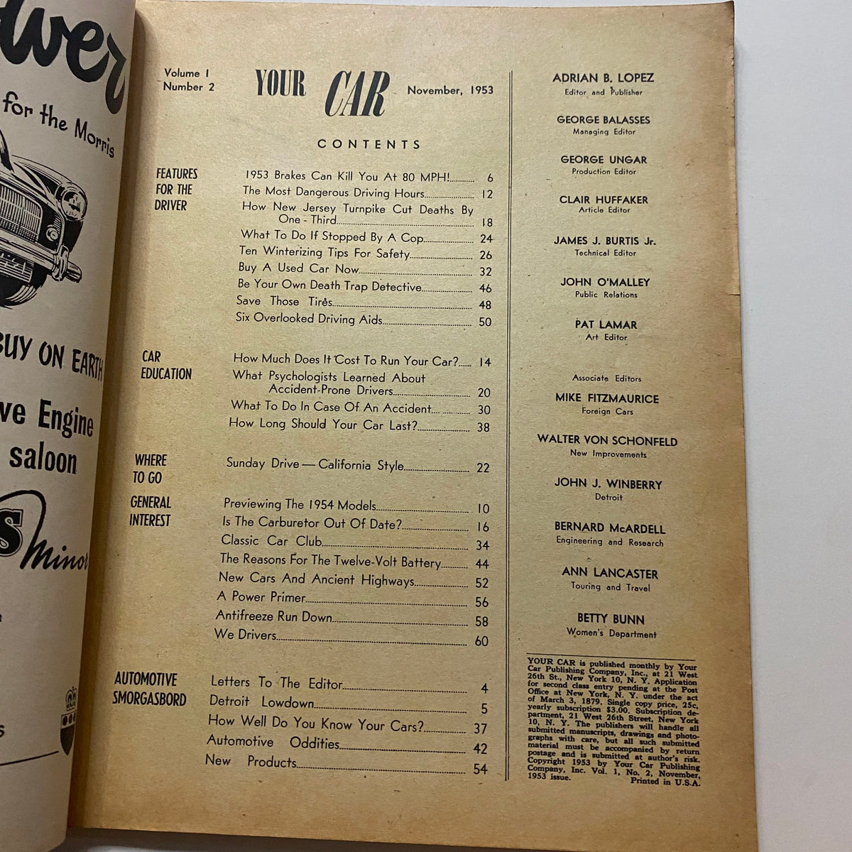 Contents page of VTG Your Car Magazine November 1953, listing articles including winterizing tips, driving safety, and education for car owners.