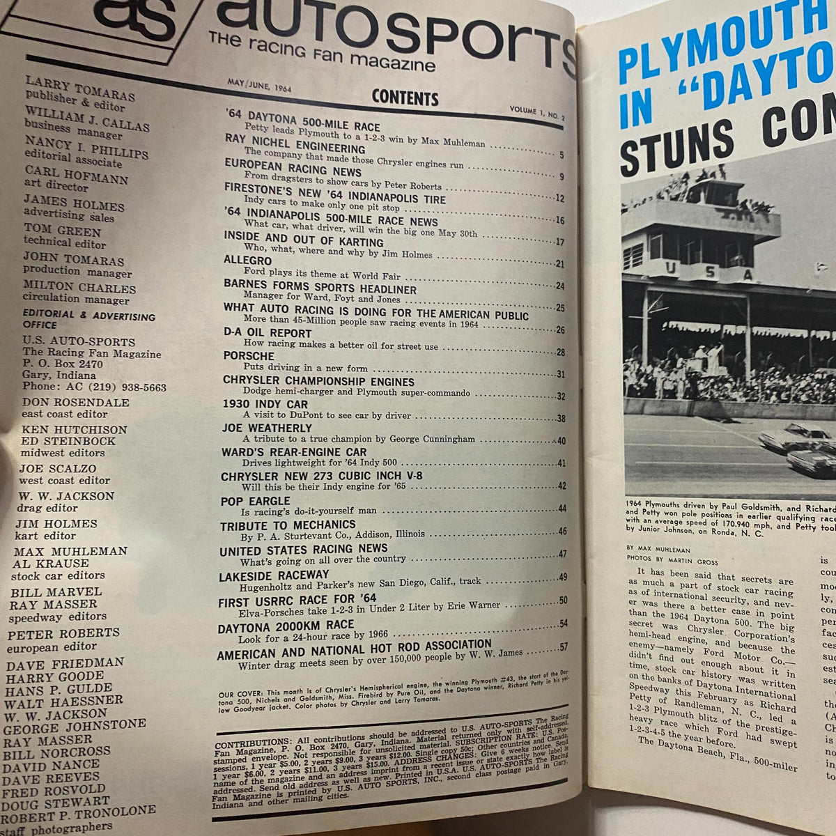 Interior page of Auto Sports The Racing Fan Magazine, June 1964, displaying the table of contents including features on Chrysler racing engines and the Daytona 500.