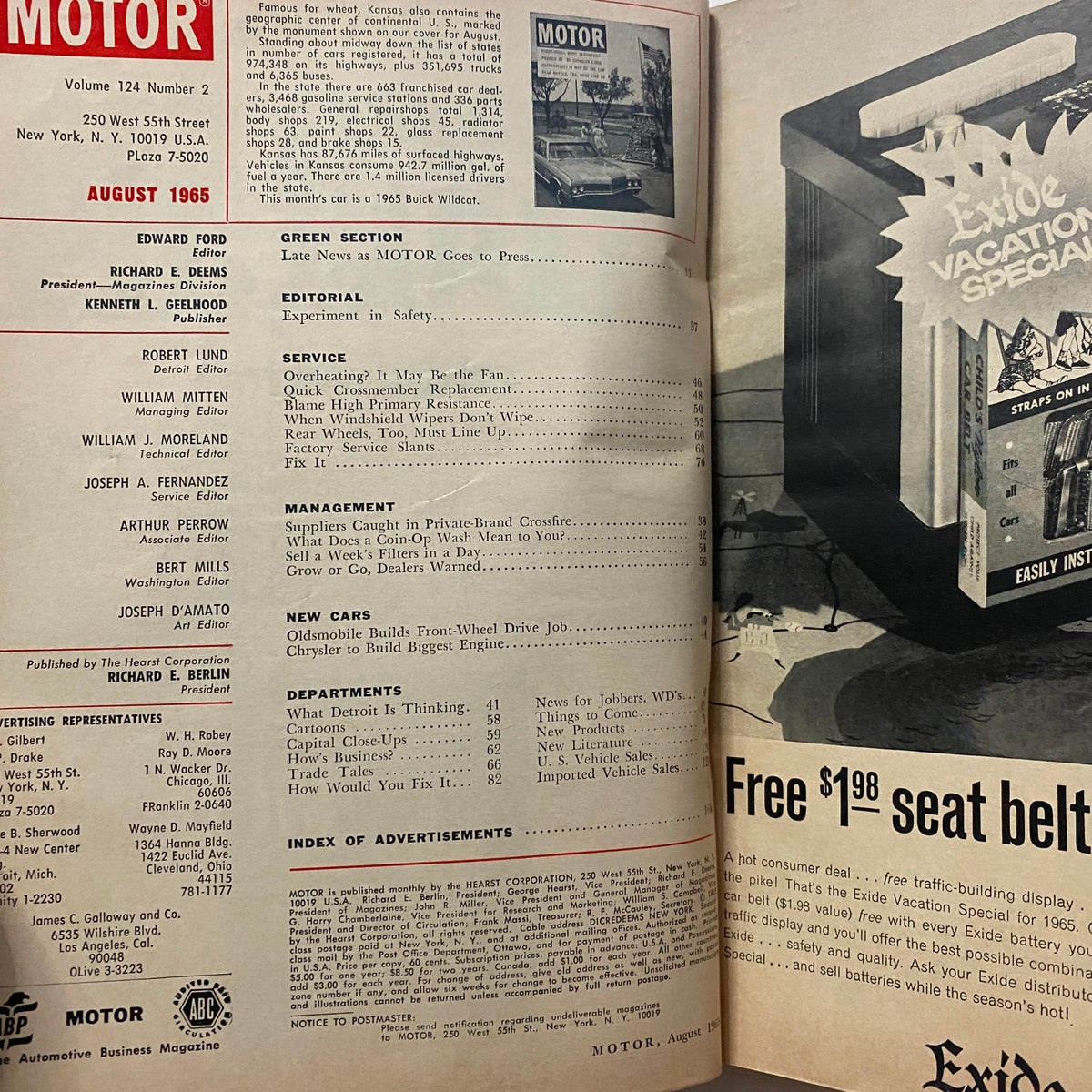 Inside page of VTG Motor Magazine August 1965, showcasing editorial details and articles related to automotive technology.