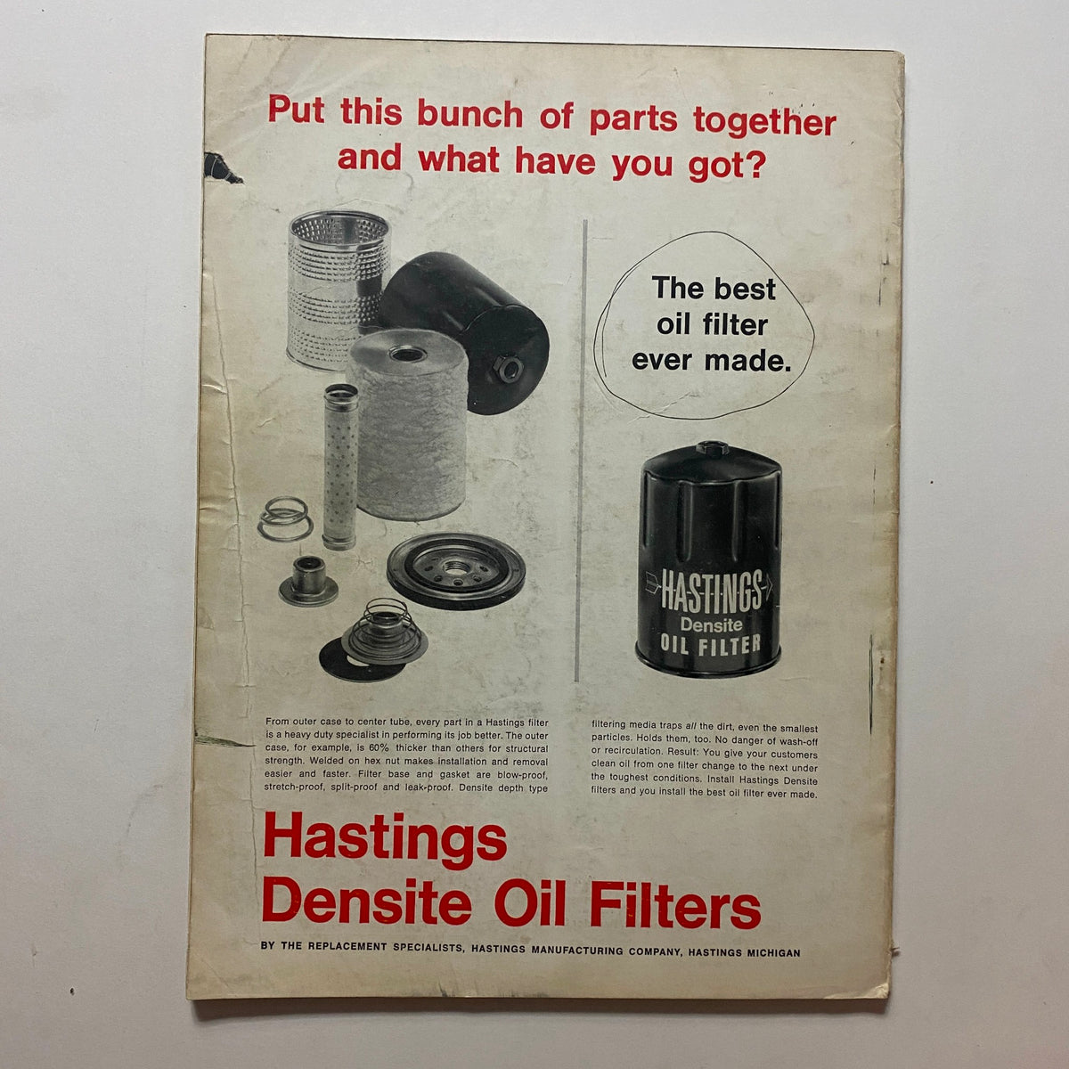 Back cover of VTG Motor Magazine July 1966 displaying an advertisement for Hastings Densite Oil Filters, emphasizing quality automotive parts.