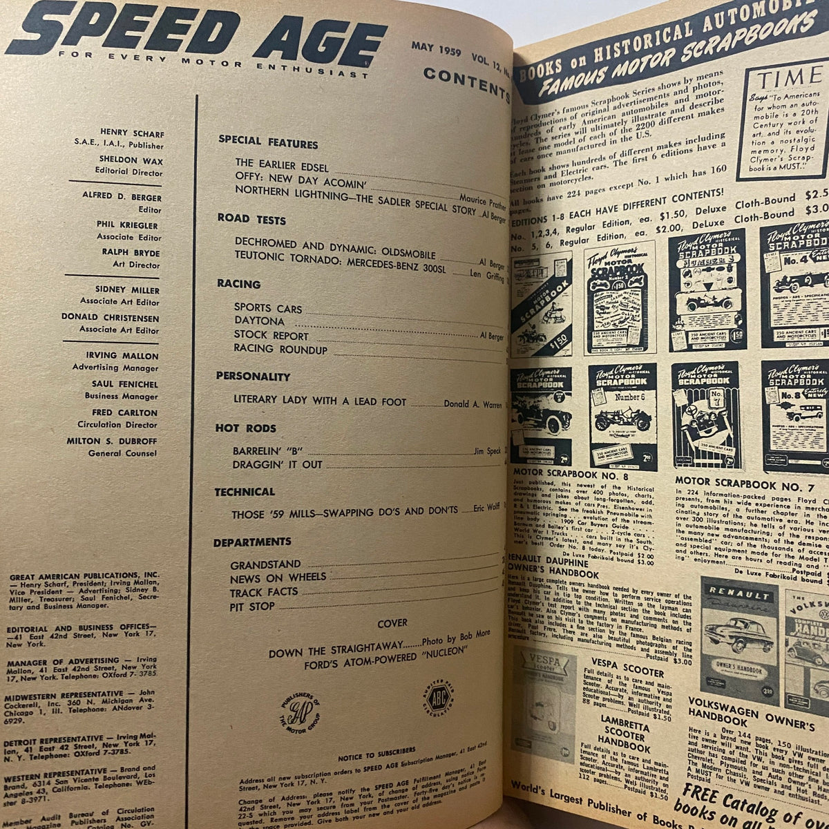 Interior page of VTG Speed Age Magazine May 1959 displaying the contents section, highlighting articles related to cars, racing, and the influence of Denise McLuggage.