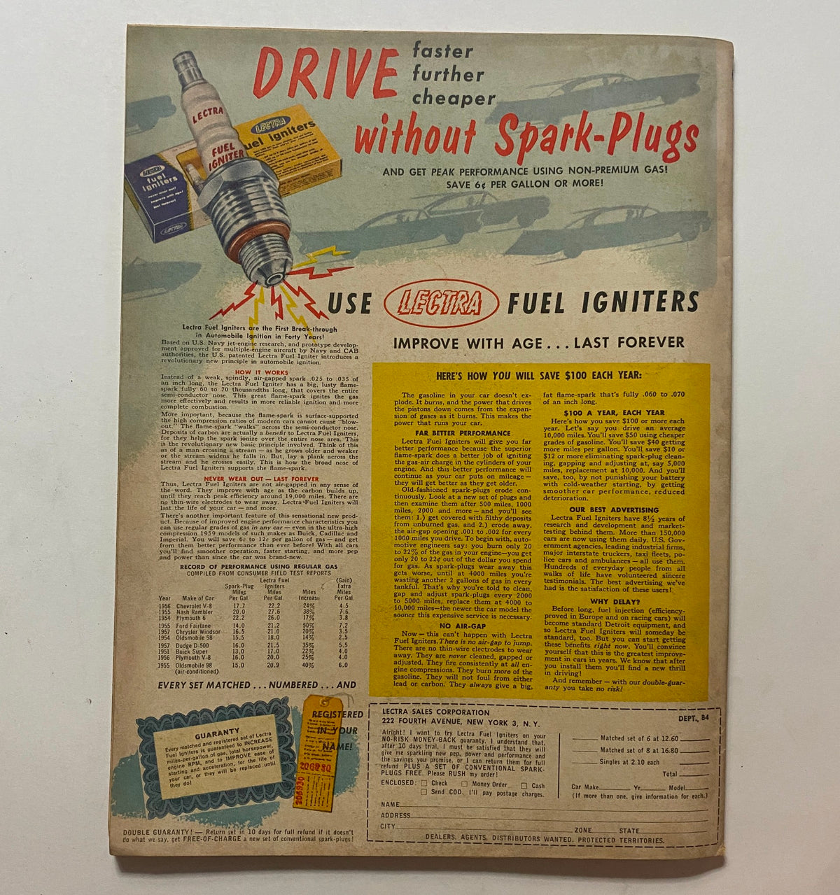 Advertisement page from VTG Speed Age Magazine May 1959 promoting Lectra fuel igniters, illustrating vintage automotive advertising strategies.