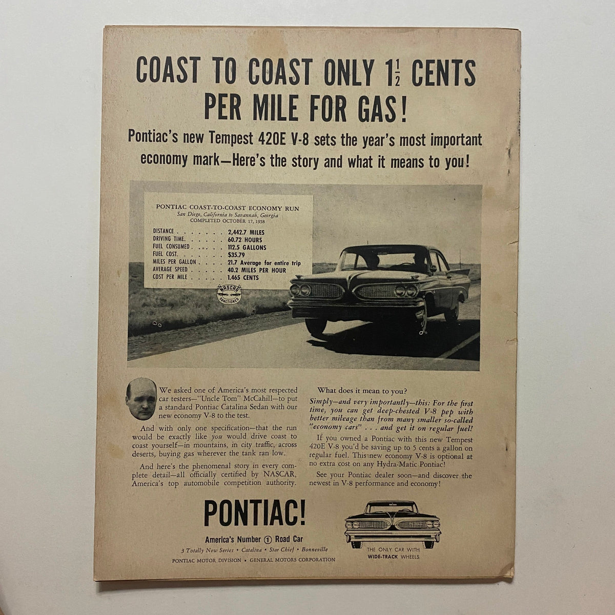 Vintage advertisement from VTG Motor Life Magazine February 1959 featuring Pontiac's new Tempest 420E V-8, highlighting the economy of 1.5 cents per mile for gas during their coast-to-coast run.