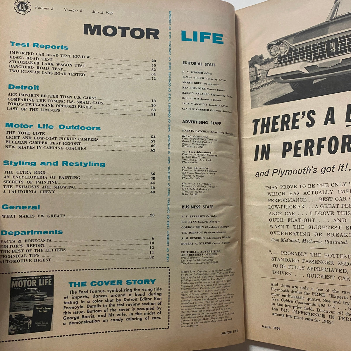 Inside page of VTG Motor Life Magazine March 1959 displaying the table of contents, highlighting articles on imported cars and various automotive topics.