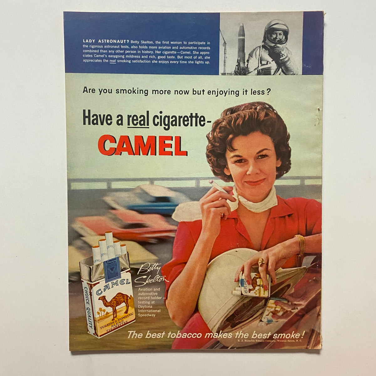 Advertising page from VTG Motor Life Magazine September 1961 showcasing a Camel cigarette ad featuring Lady Astronaut Betty Skelton.