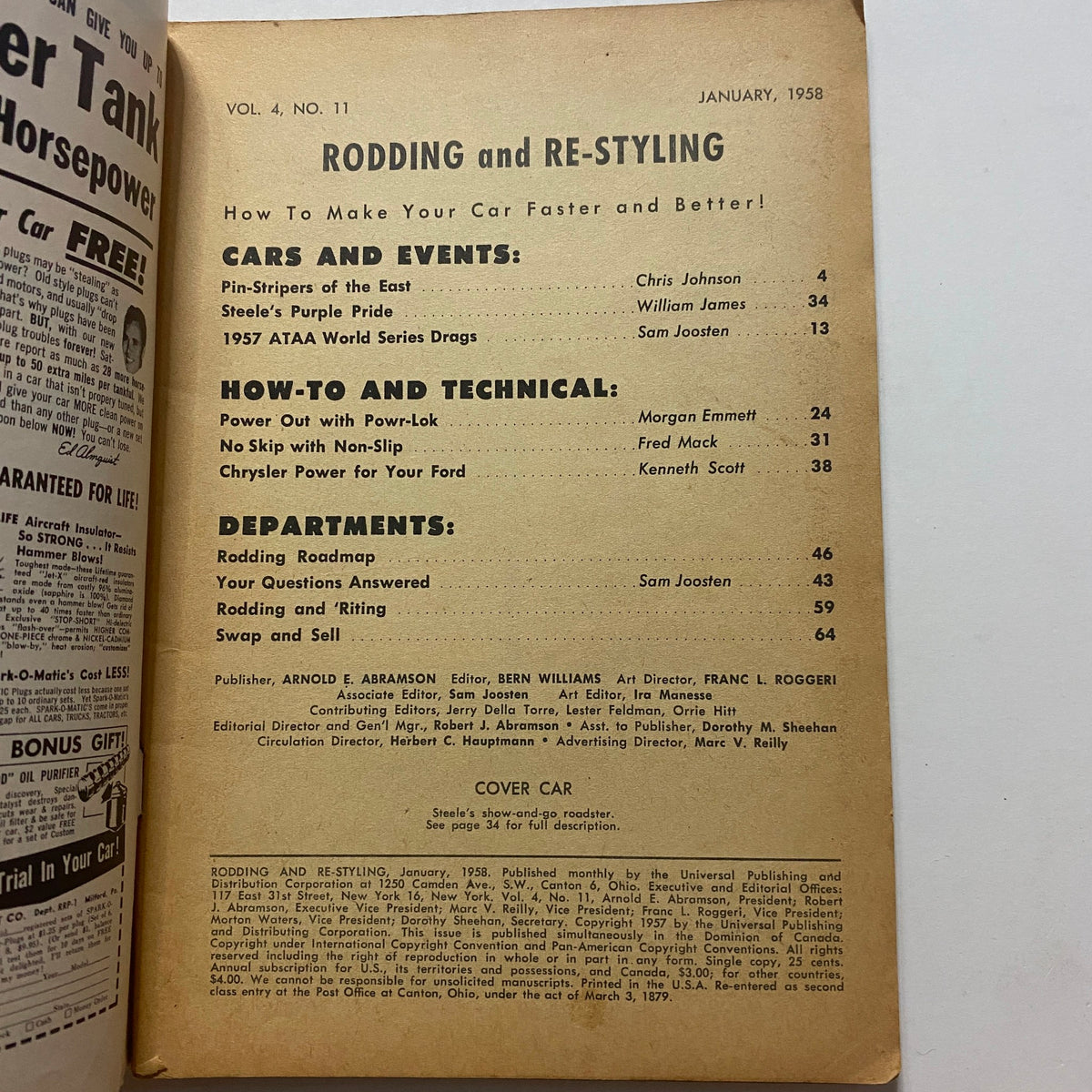 Interior page of VTG Rodding & Re-Styling Magazine January 1958, highlighting content sections like Cars and Events, How-To and Technical, and various departments.