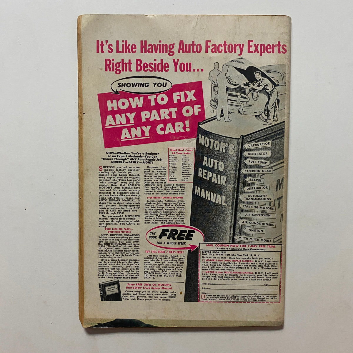 Back cover of VTG Rodding & Re-Styling Magazine May 1958 illustrating an advertisement for an auto repair manual.
