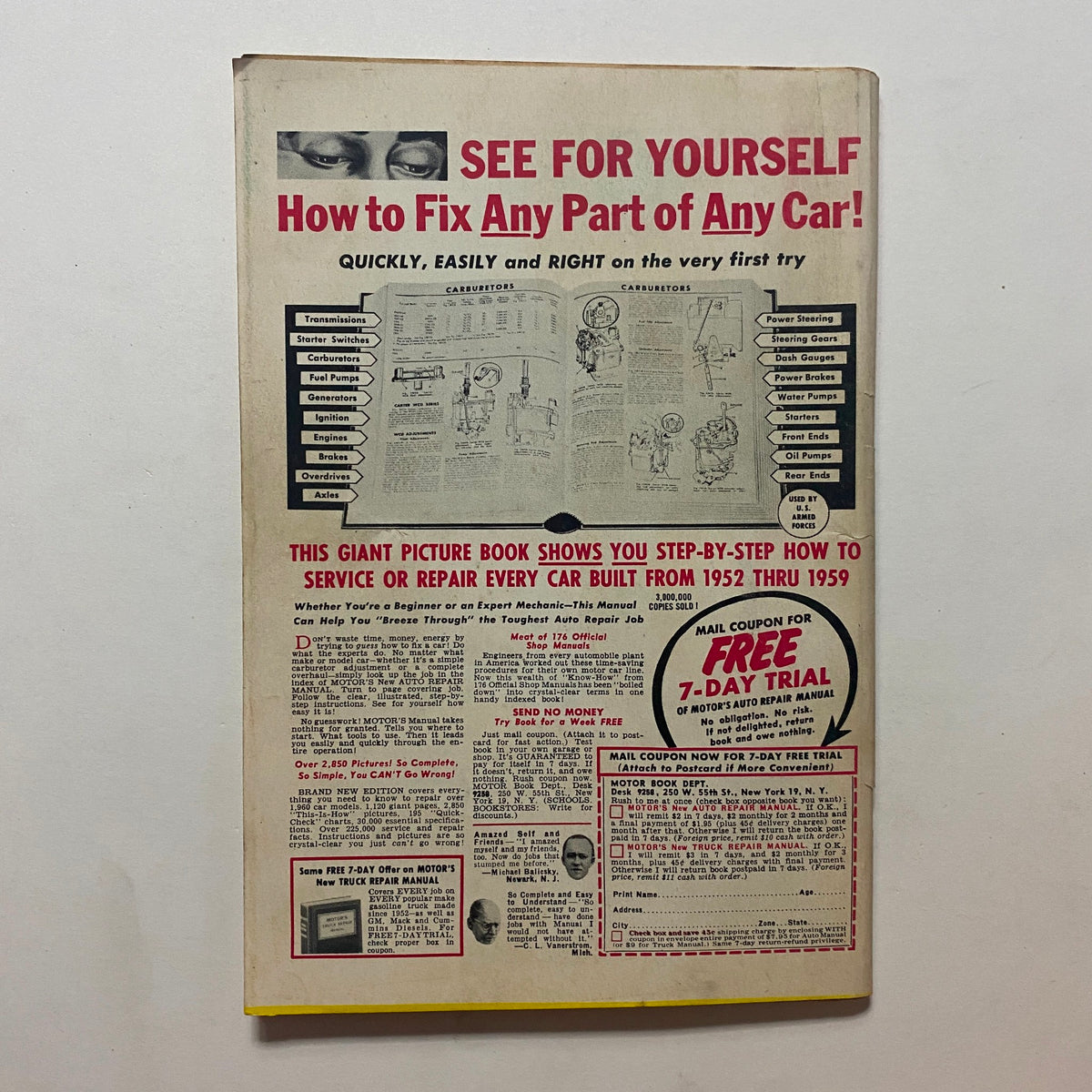 Back cover of VTG Rodding & Re-Styling Magazine August 1959, advertising the book 'How to Fix Any Part of Any Car'.
