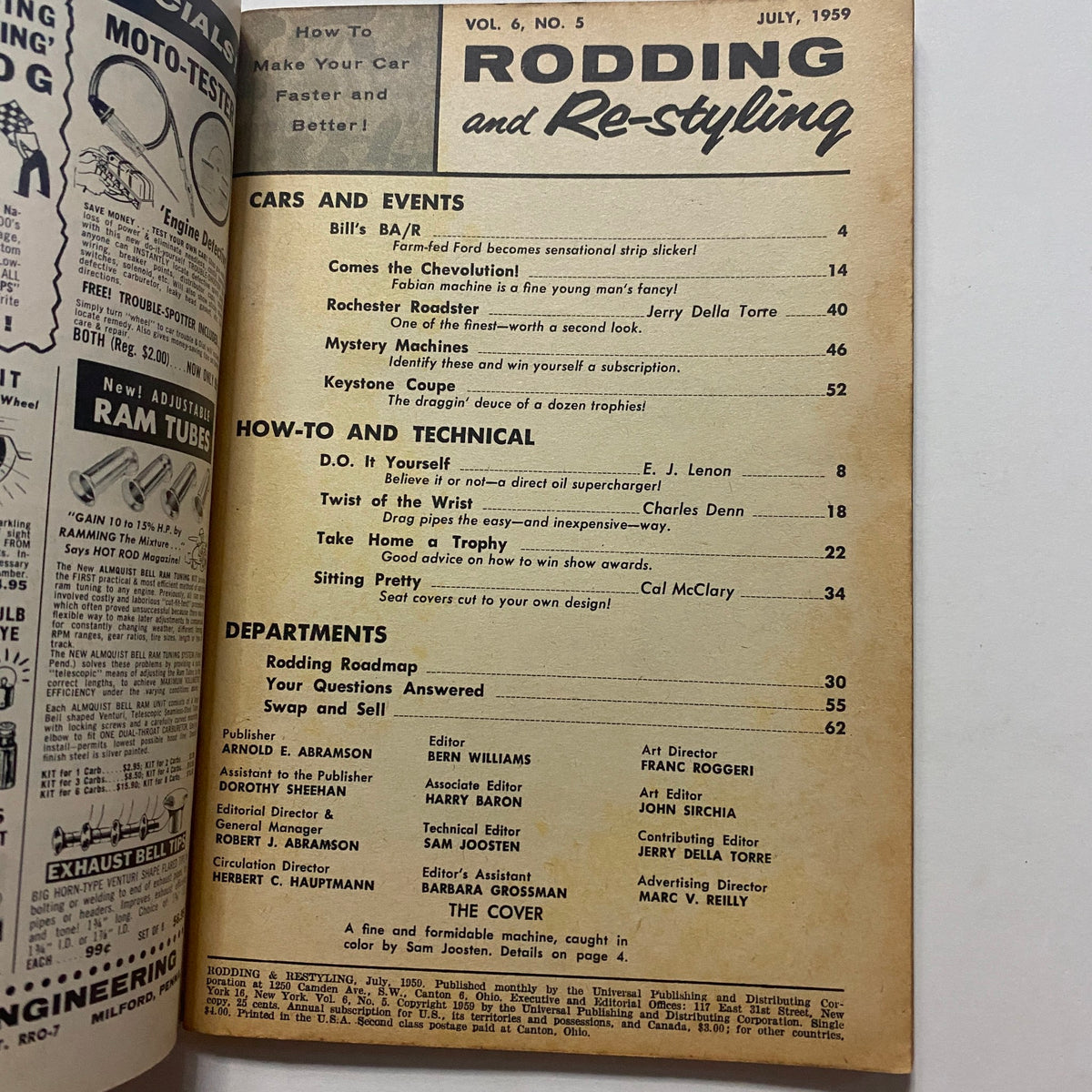 Contents page of VTG Rodding & Re-Styling Magazine July 1959 detailing articles on cars, events, and technical how-tos.